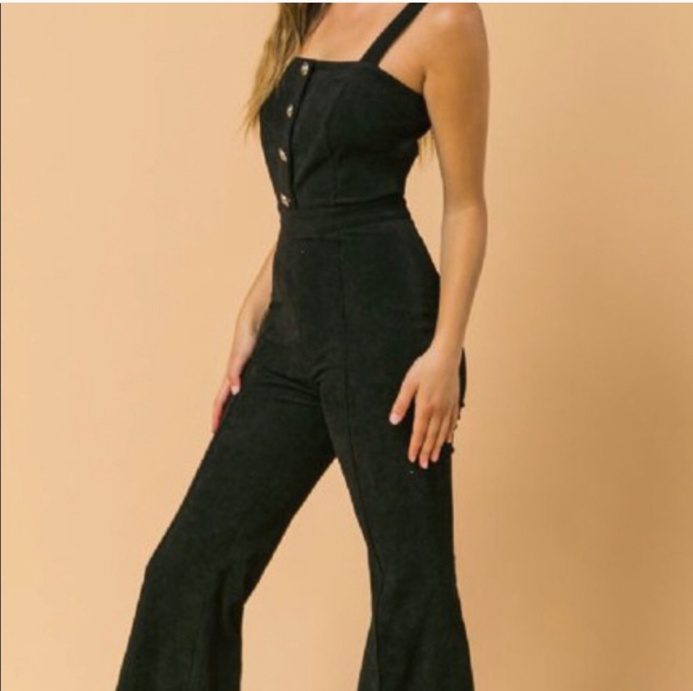 Black Denim Flared Leg Jumpsuit